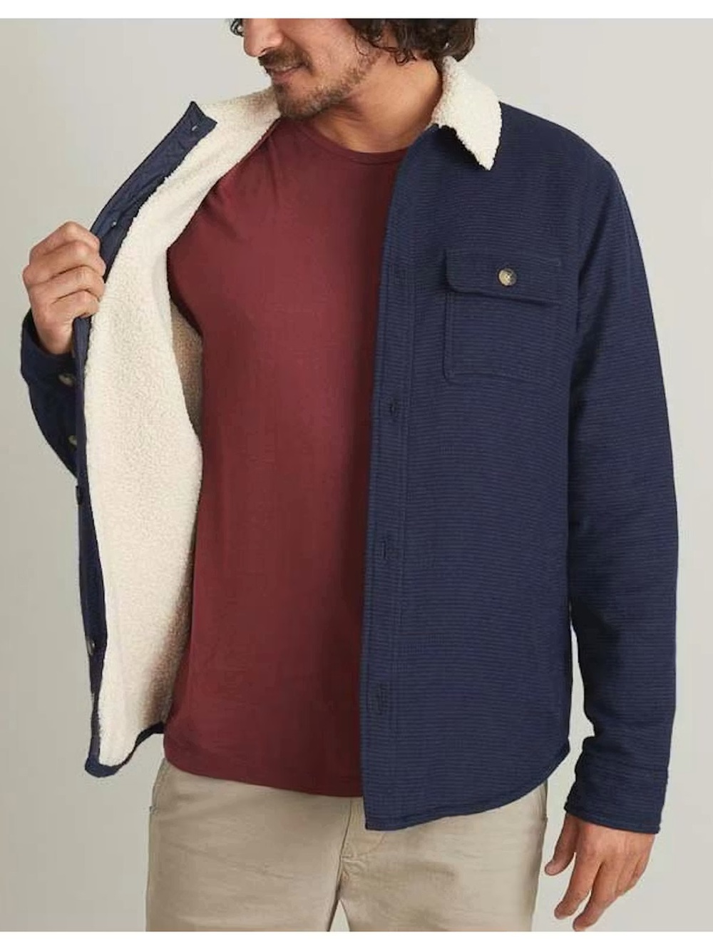 Marine Layer Sherpa Lined Camping Shirt Jacket Size Large Navy Cotton Fleece - Picture 3 of 15